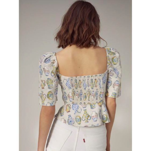 WILFRED Aritzia Linen Smocked Puff Sleeve FATALE Vase Print Blouse XS - Picture 2 of 7